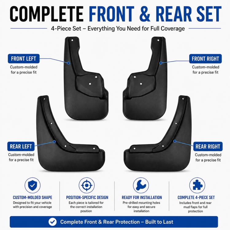 Complete front and rear black mud flaps, four-piece set with vehicle-specific shapes