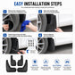 Black mud flap set shown with installation steps and included hardware