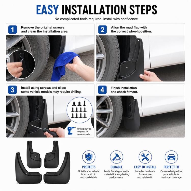 Black mud flap set shown with installation steps and included hardware