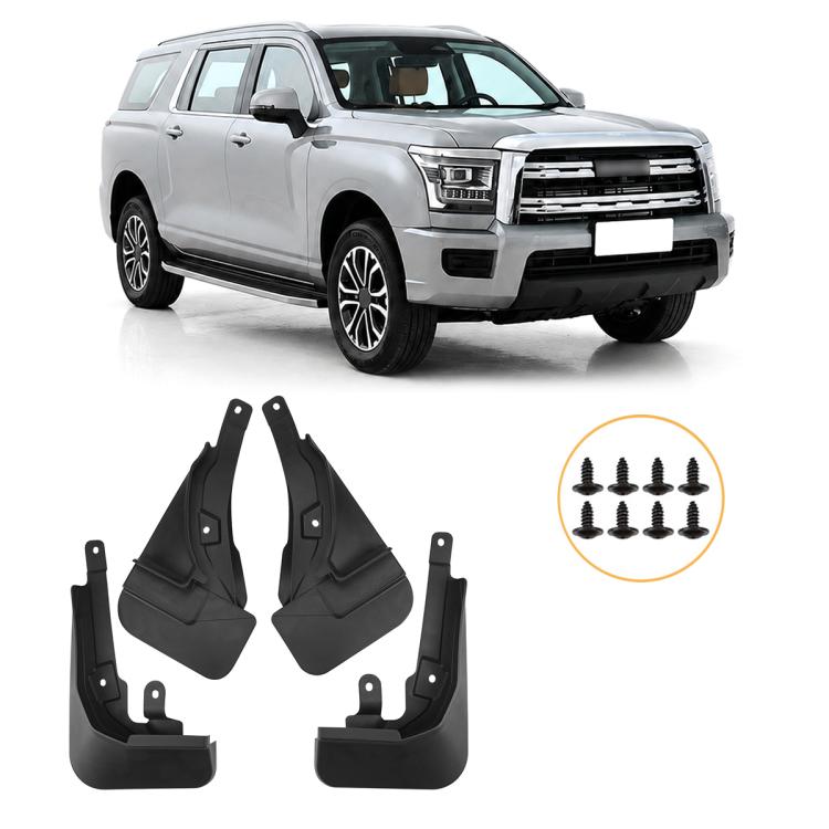 Set of four black mud flaps with mounting screws for front and rear splash protection