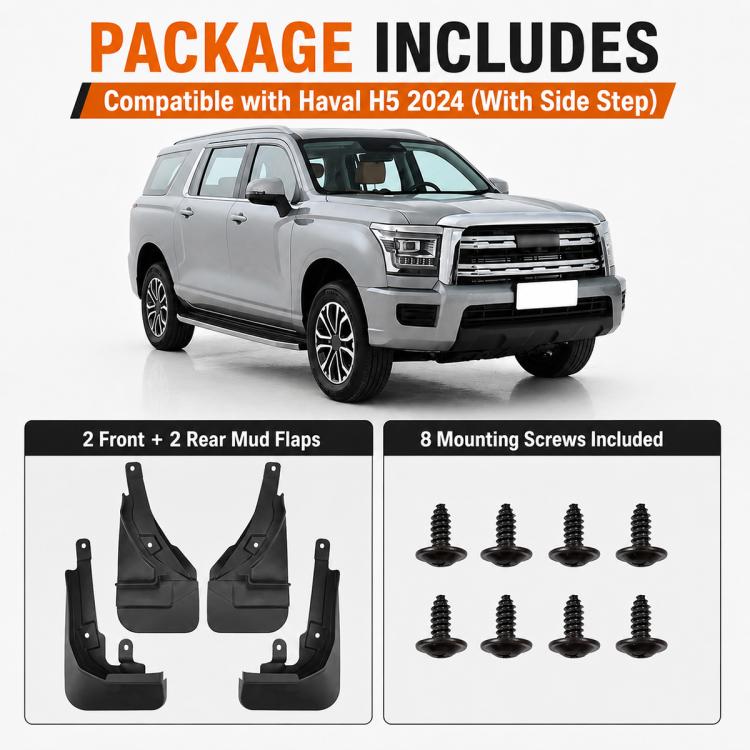 Package contents: black front and rear mud flaps plus eight mounting screws