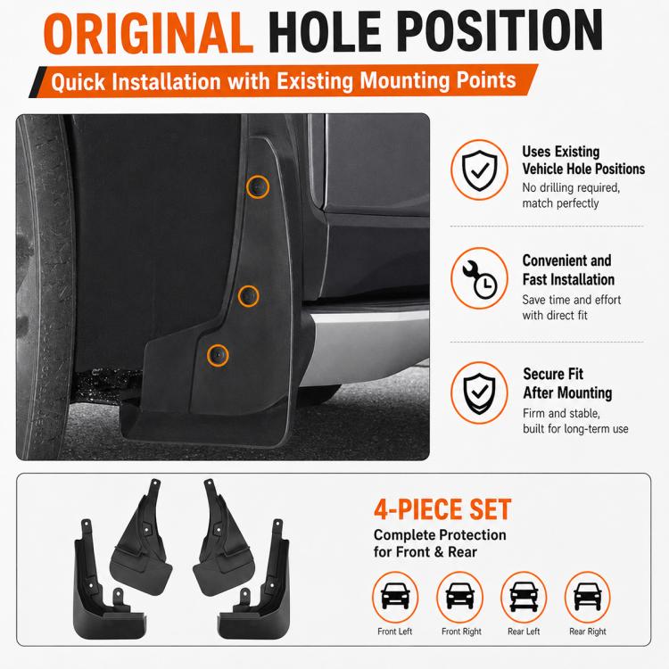 Black mud flaps set with original mounting hole positions for quick installation