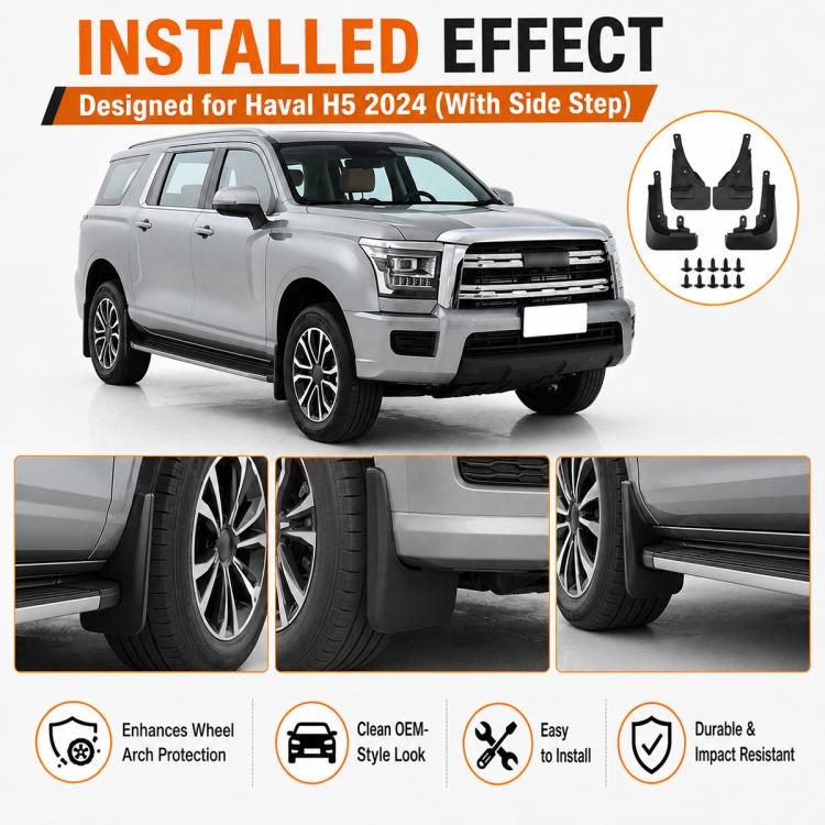 Installed black mud flaps on the vehicle fender area with a side-step fit
