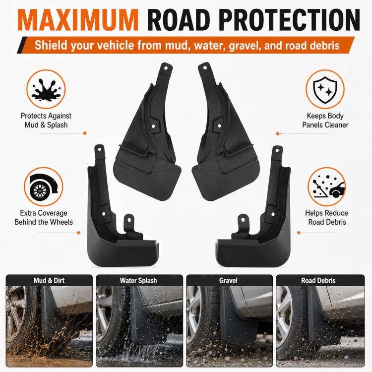 Four black mud flaps set for maximum road splash and debris protection
