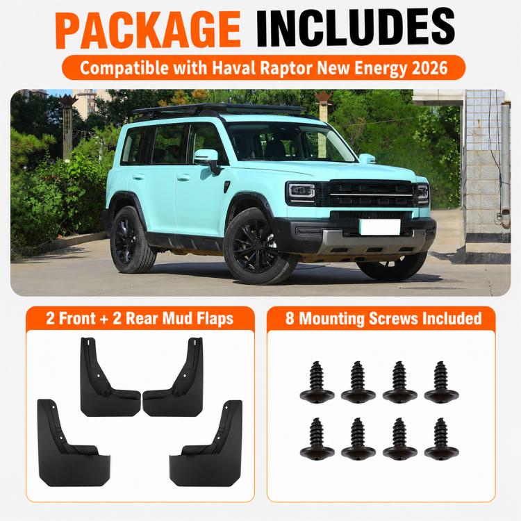 Package includes four black mud flaps and eight mounting screws