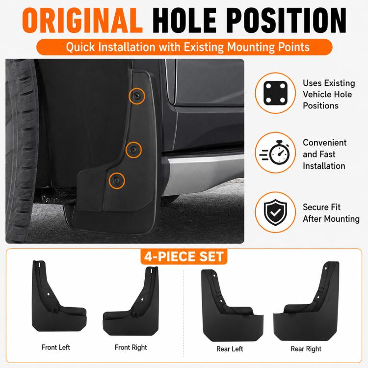 Black wheel splash flap set with mounting-hole placement for installation