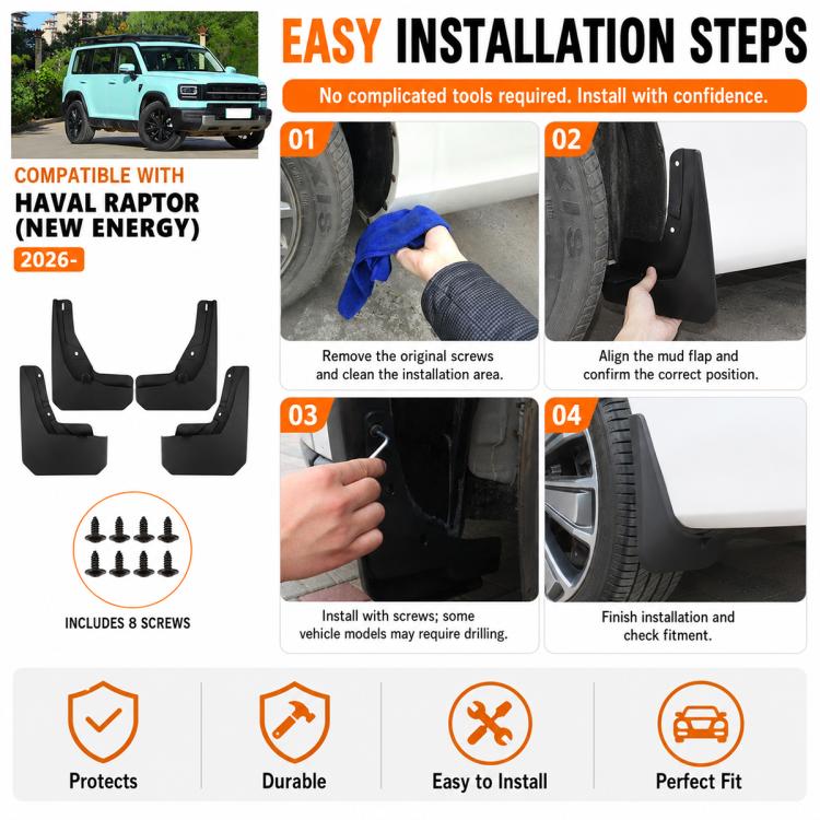 Wheel splash flaps set with easy installation steps and included screws