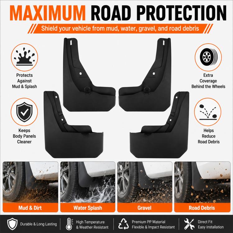 Black car wheel splash flap guards for mud, water, gravel, and road debris