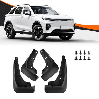4-piece black car splash flap set with mounting brackets and screw hardware