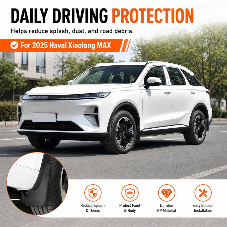 Black splash flap guards helping reduce splash, dust, and road debris