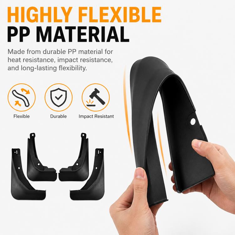 Black flexible PP splash flap with mounting hole, shown with hand