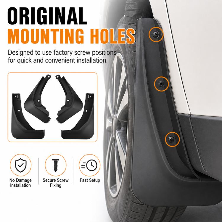 Installed black splash flap on wheel arch with factory-style mounting holes