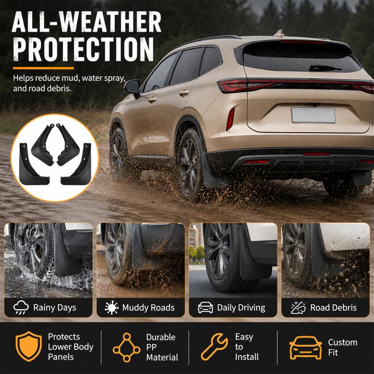 Black rear wheel splash flaps helping shield from mud and water spray