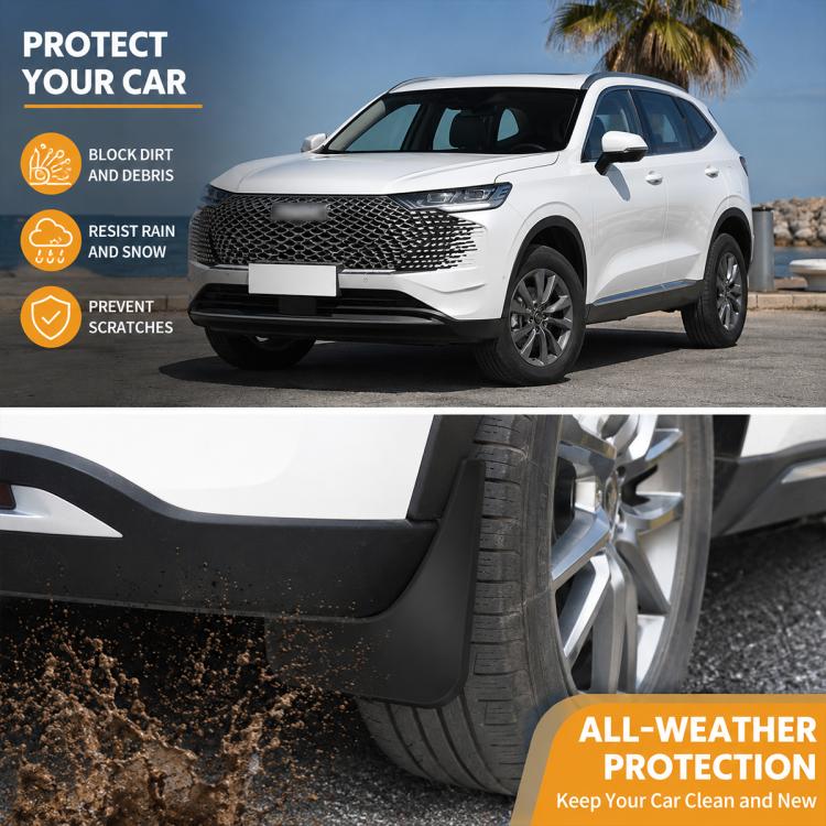 Black wheel splash flap installed near front tire for all-weather protection