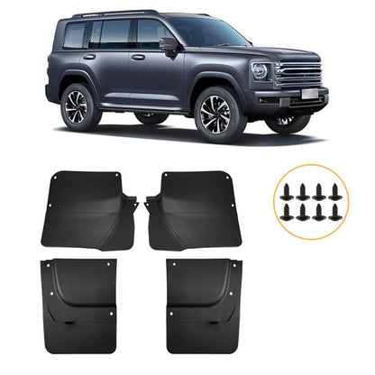 Black 4-piece car mud flap set with mounting holes and screws, front and rear