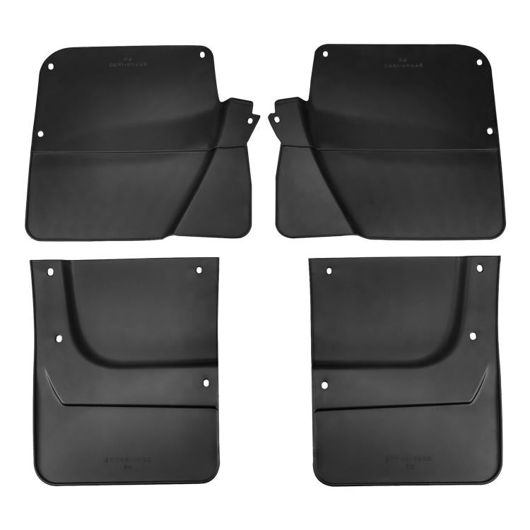 Black four-piece splash guard mud flap set with screw holes for front and rear