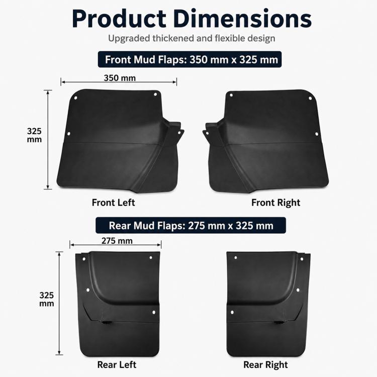 4-piece black car wheel splash flap set with mounting holes, front and rear guards