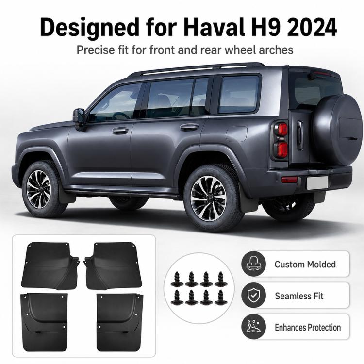 SUV fitted with black front and rear mud flaps for wheel arch splash protection