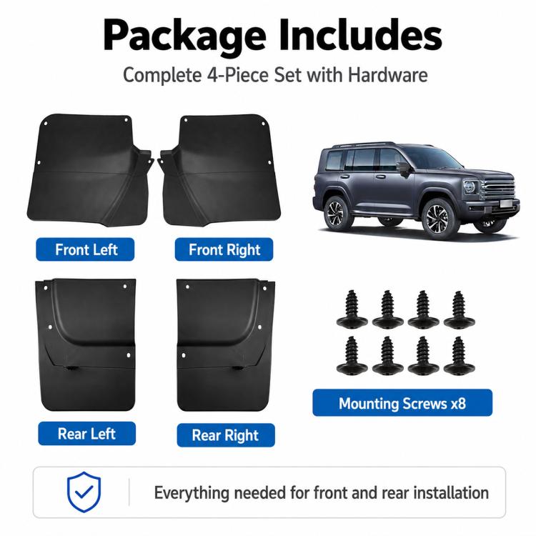 Black 4-piece mud flap set with mounting hardware screws included for front and rear