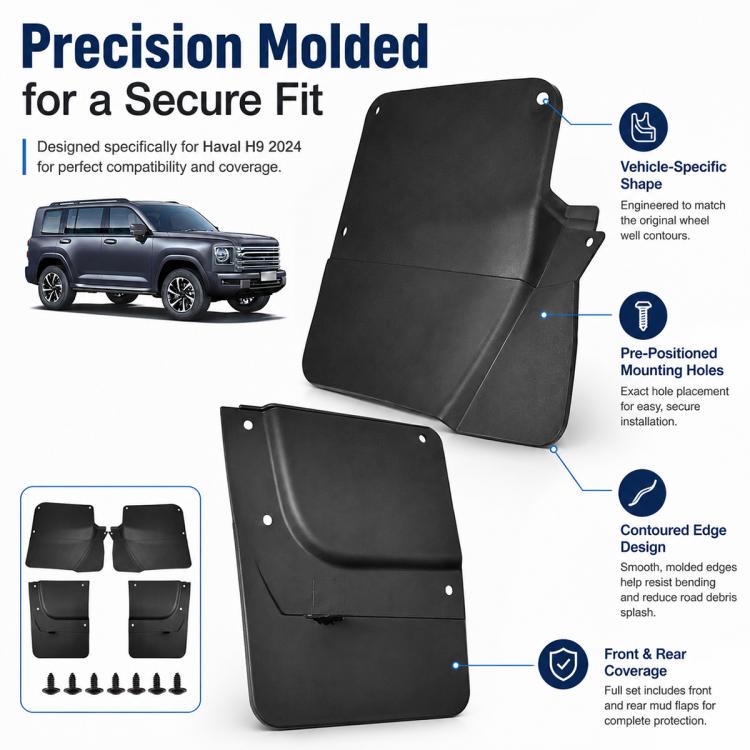 Single black molded mud flap with mounting holes and curved splash edge