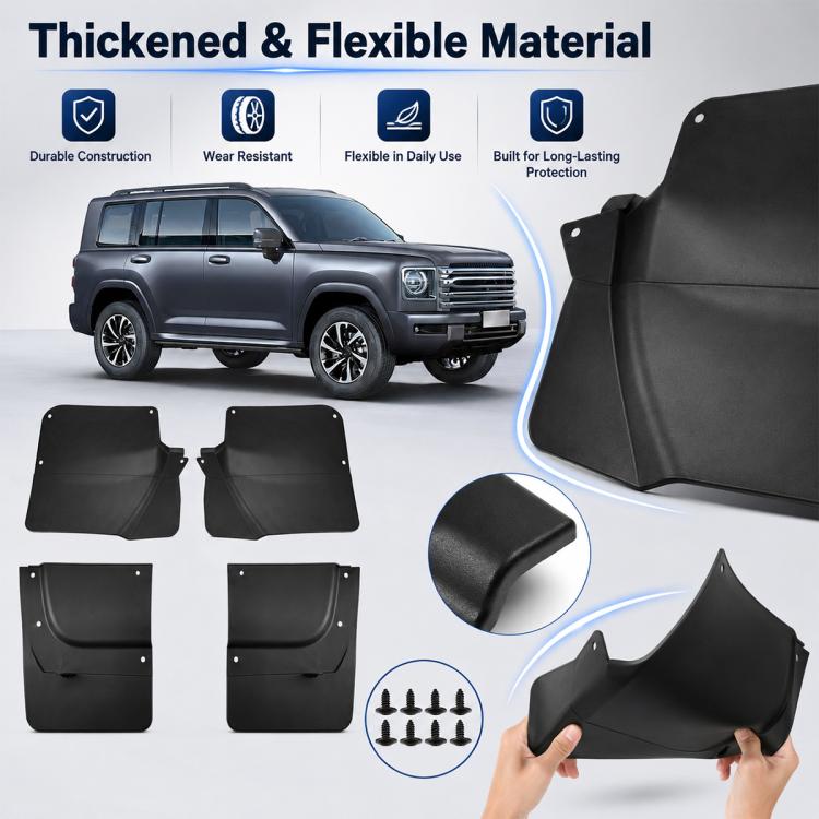 Black flexible mud flap set with four splash guards and mounting holes