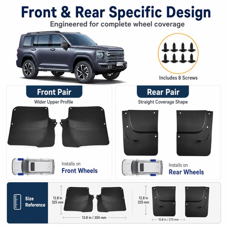 Black front and rear mud flaps set, four splash guards with mounting points
