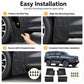 Black mud flap being positioned against an SUV wheel arch with aligned mounting holes