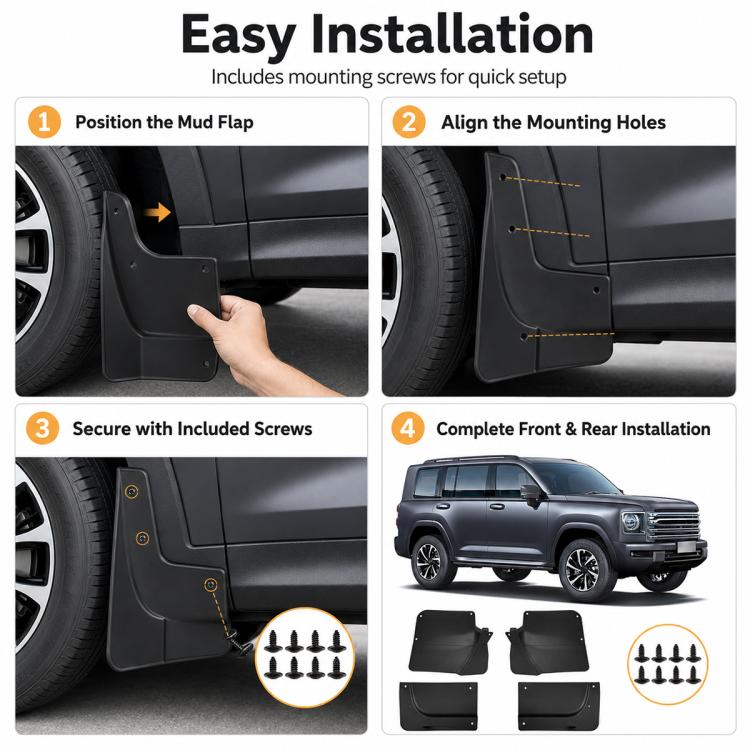 Black mud flap being positioned against an SUV wheel arch with aligned mounting holes