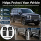 SUV with black mud flaps covering wheel areas to help reduce road spray