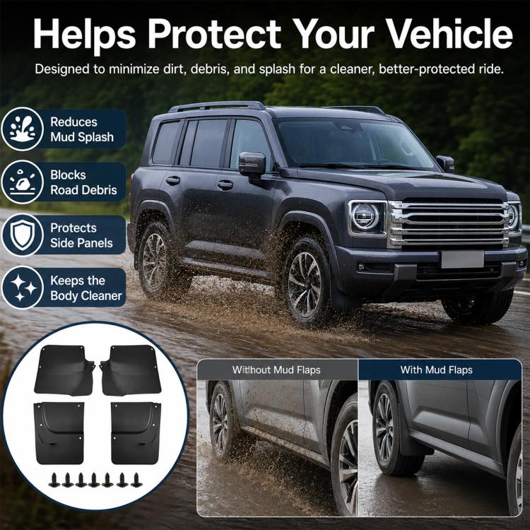 SUV with black mud flaps covering wheel areas to help reduce road spray