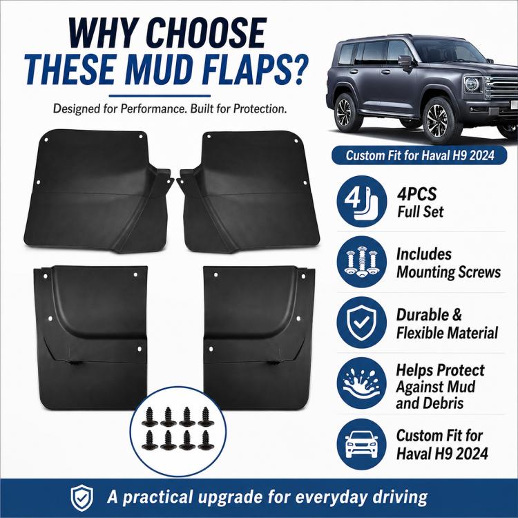 Black 4-piece mud flap set for Haval H9 2024 with mounting screws