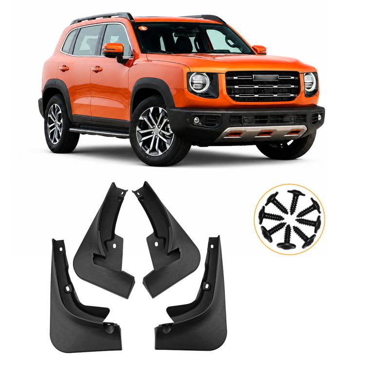 Set of four black car wheel splash flap fender guards with mounting holes