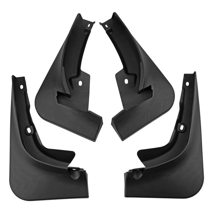 Four black front and rear mud flap splash guards with curved shape and mounting holes