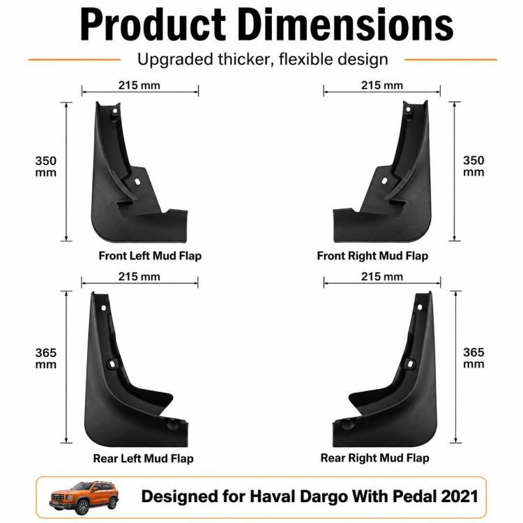Set of four black car wheel splash flap mud guards with mounting holes