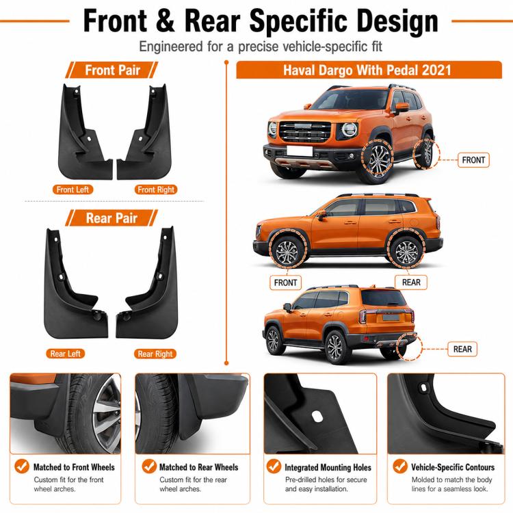 Front and rear pair splash flap set with vehicle-specific contours and mounting holes