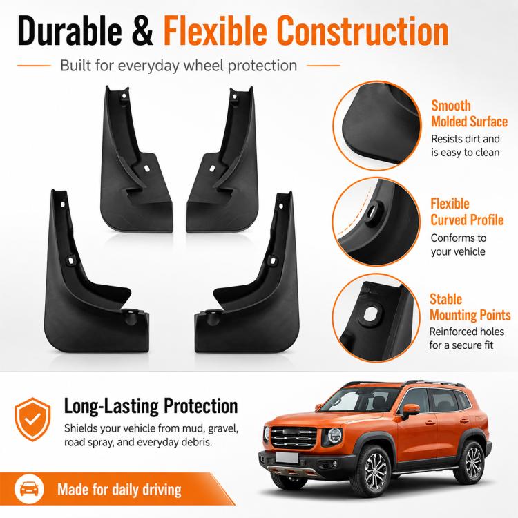 Black mud flap fender guards with flexible molded surface and reinforced mounting points