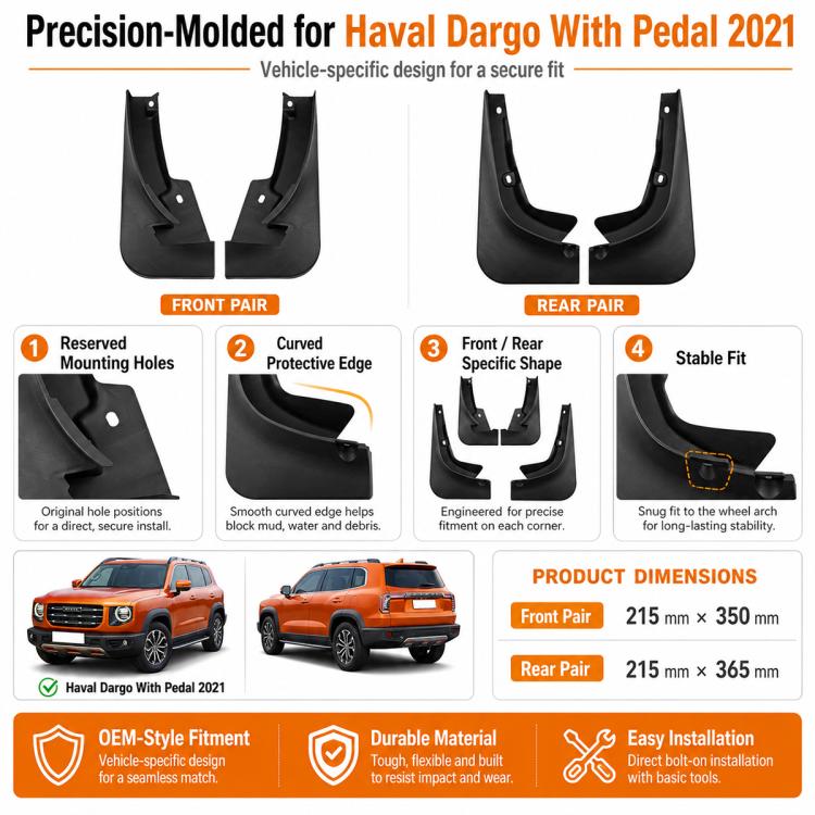 Vehicle-specific molded black mud flap set for Haval Dargo with pedal 2021