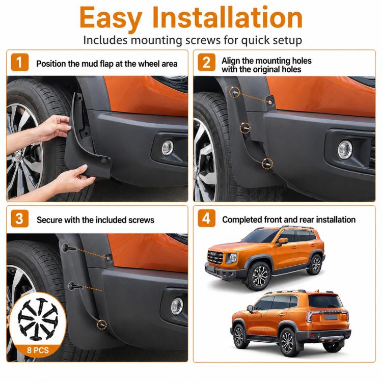 Black splash flap mud guards with included mounting screws for quick front and rear fit