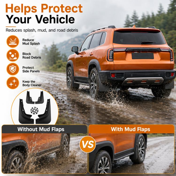 Car mud flap splash guards help reduce mud and road debris for a cleaner body