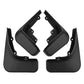 Four black splash flaps for vehicle wheel wells, with mounting holes