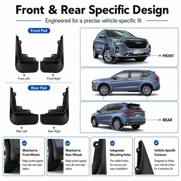 Front and rear specific design black splash flaps for wheel protection