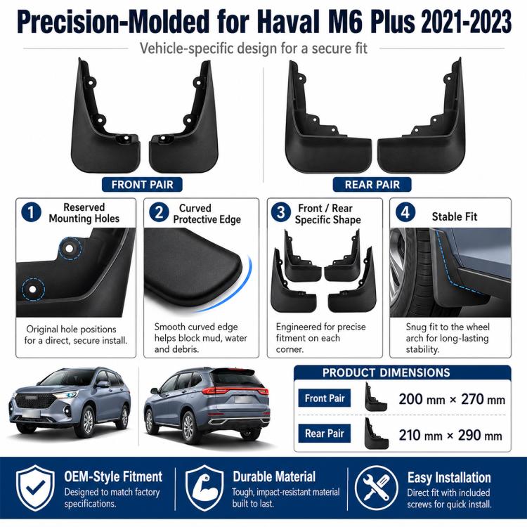 Front pair and rear pair black splash flaps, vehicle-specific molded fit