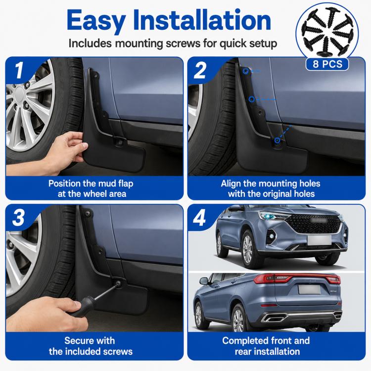 Black splash flaps with mounting steps and included screws for installation