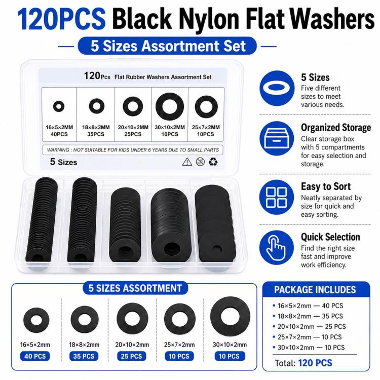 Black Nylon Flat Washer Insulating Round Spacers, 120 pcs Black