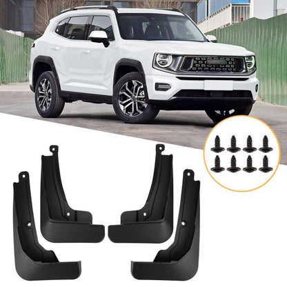 Black 4-piece wheel splash flap set with mounting holes and included screws