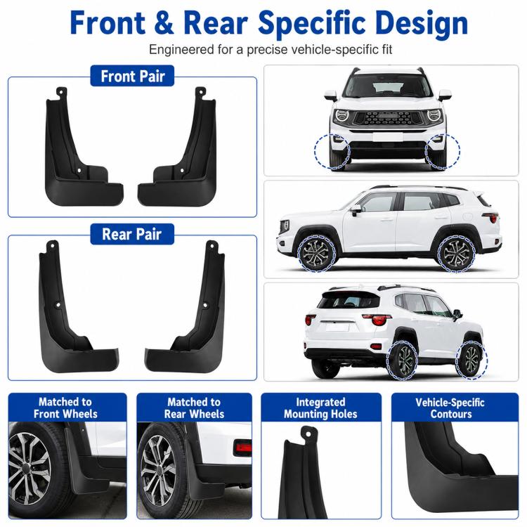 Black mud flap set, four splash guards with mounting holes in front/rear pairs