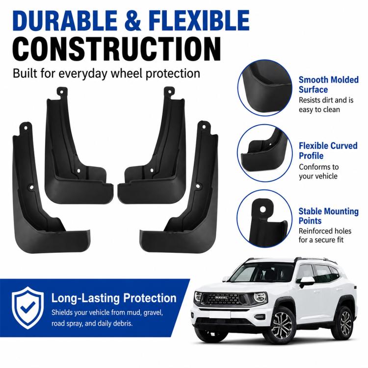 Black flexible mud flaps, four-piece set with molded profile and mounting holes