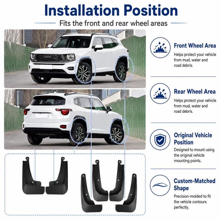 Black splash flap guards for front and rear wheel areas with mounting holes