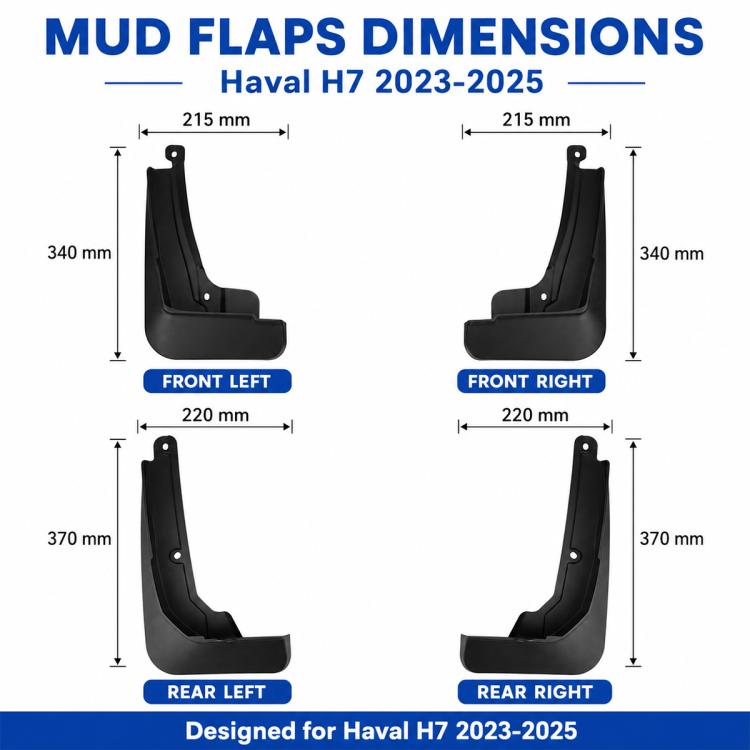 Black mud flap dimensions layout with front left/right and rear left/right guards