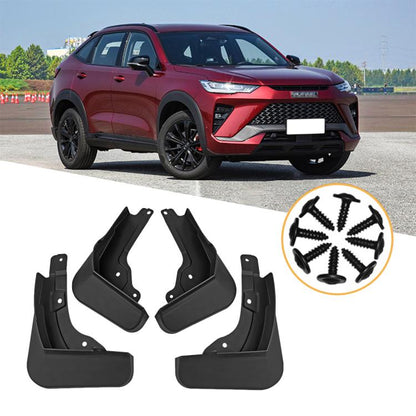 Black 4-piece car mud flap set with mounting holes and clips